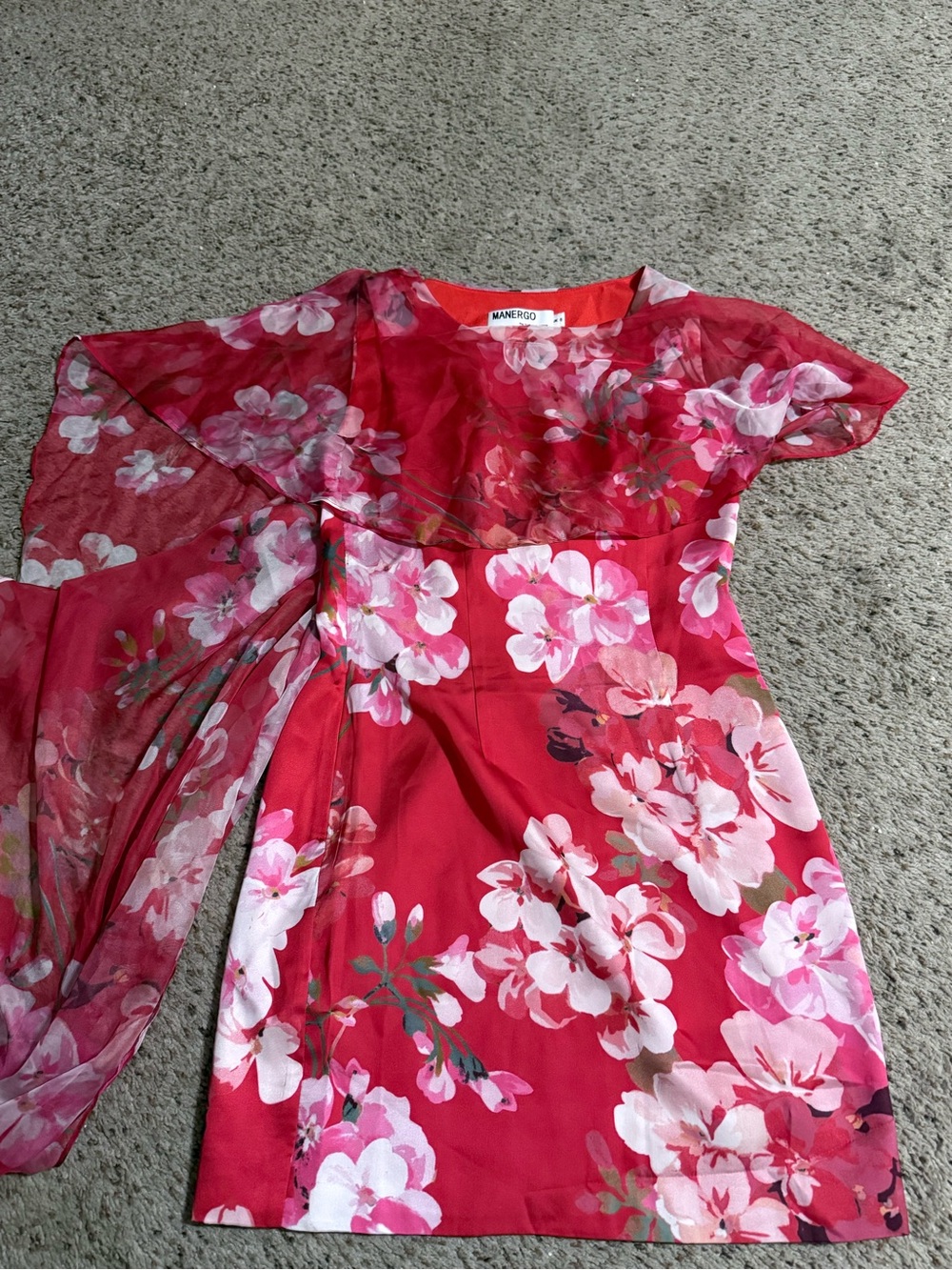 Manergo Stunning Red Floral High-Low Sheath Cape Dress with Chiffon Overlay